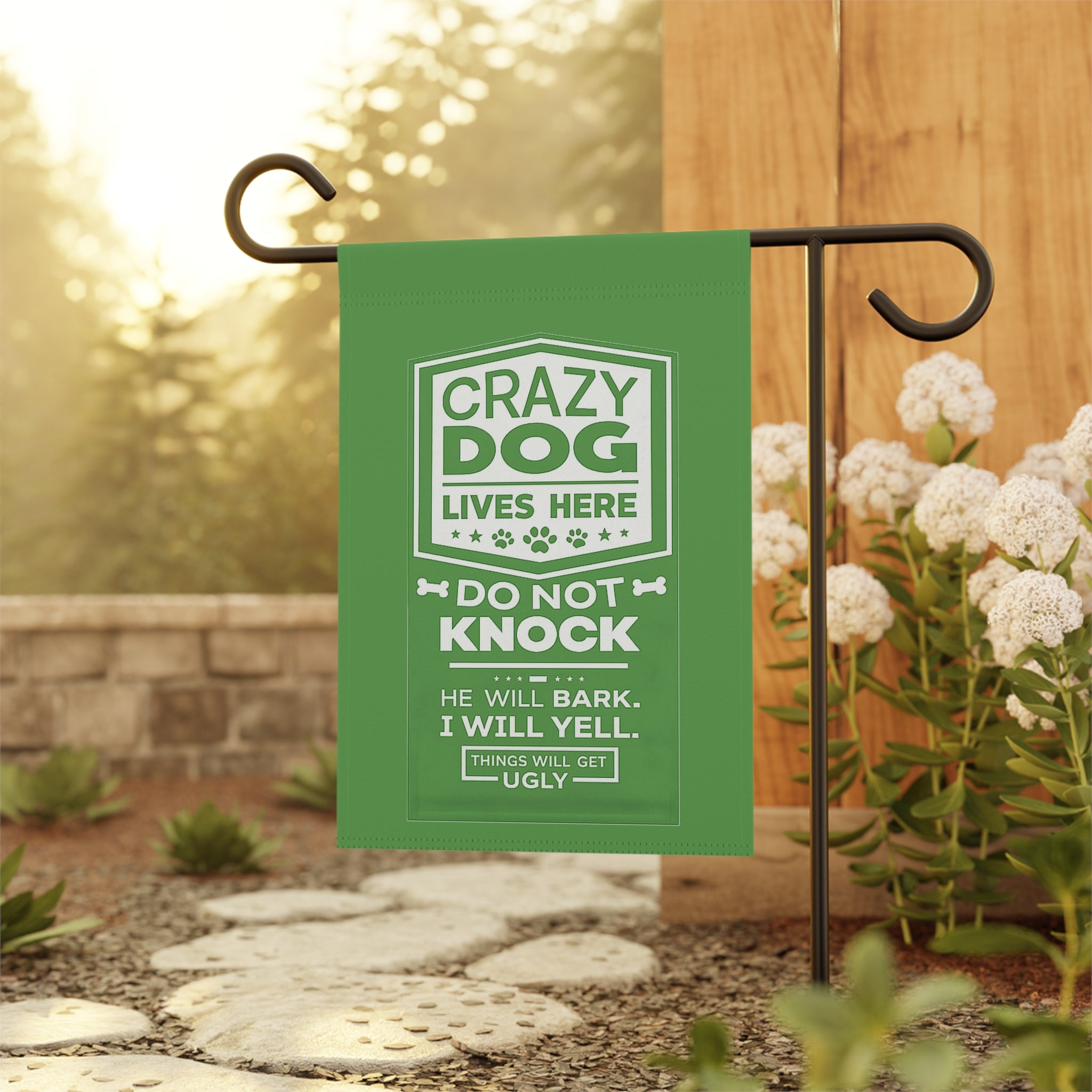 Garden Flag — “Crazy Dog Lives Here: Do Not Knock” Decorative Yard Banner