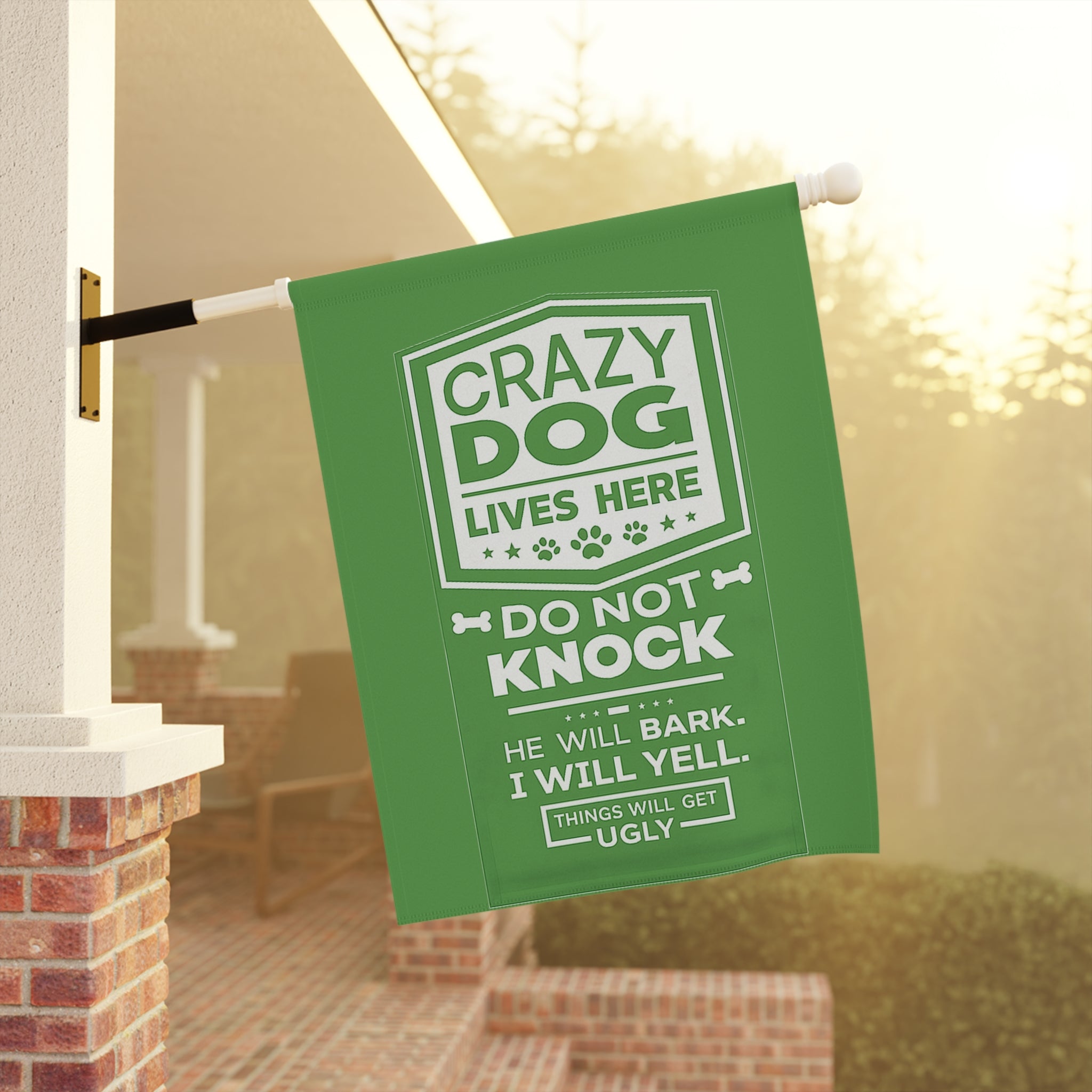 Garden Flag — “Crazy Dog Lives Here: Do Not Knock” Decorative Yard Banner